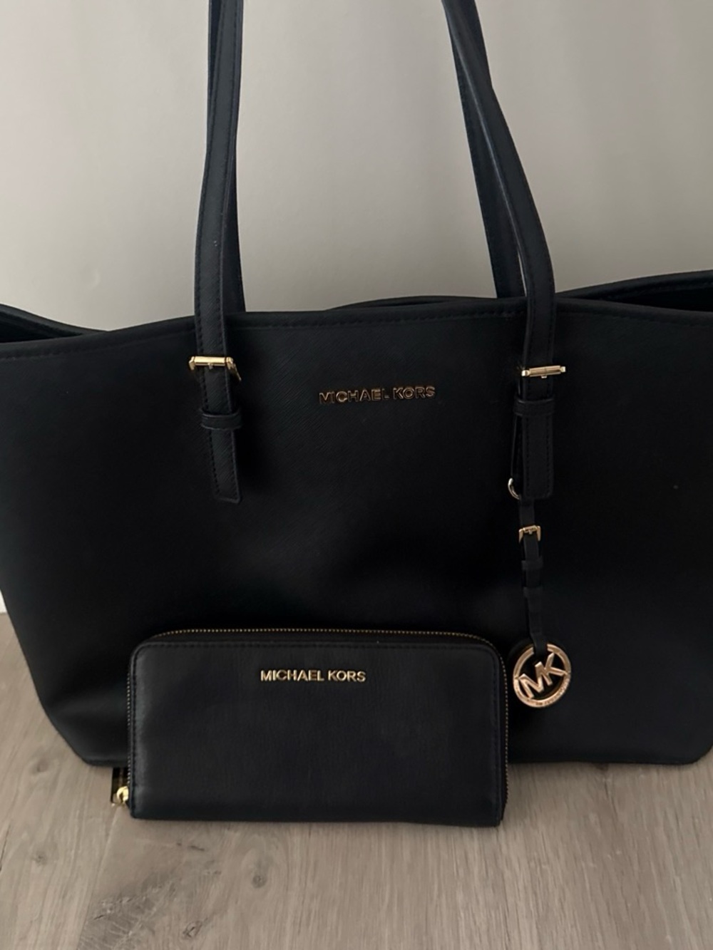 Michael Kors Black Tote with Matching Wallet and Gold Hardware